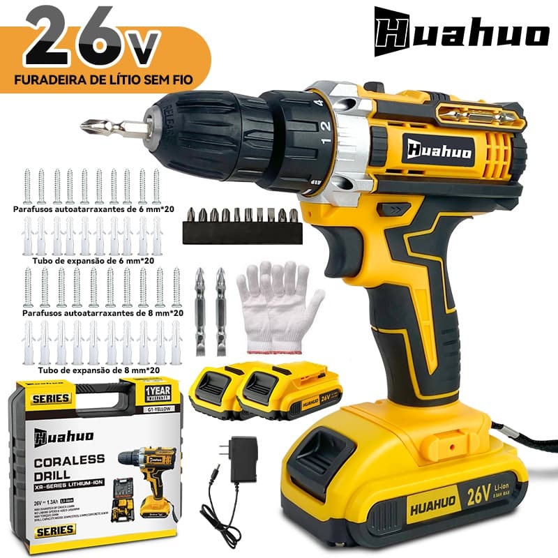 (110V/220V)Parafusadeira Furadeira 26V/21V/12V 2 Baterias Sem Fio Com Maleta Completo Broca Caixa de Maleta