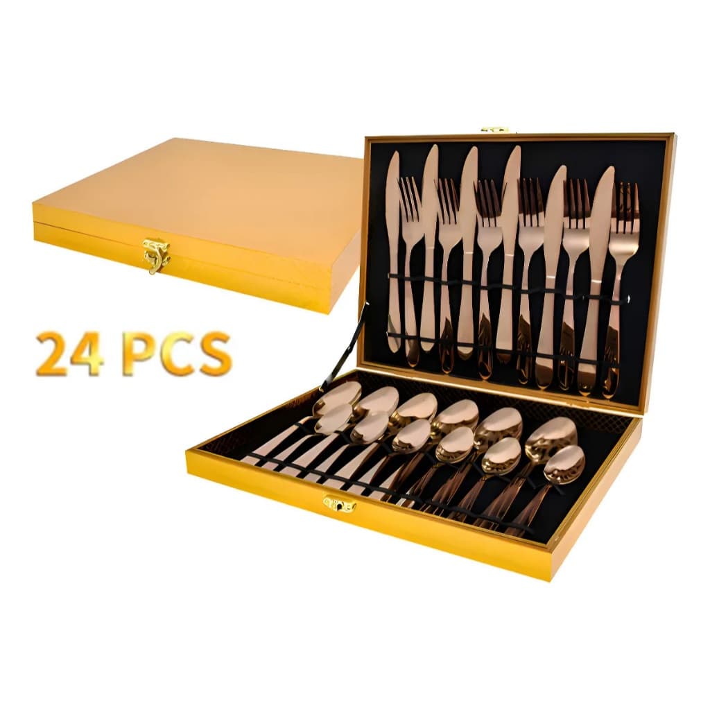 Jogo Talheres 24 Peças Faqueiro Dourado Aço Inox Premium Luxo cozinha Com Maleta