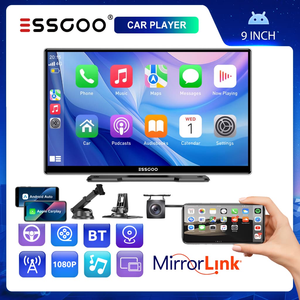 ESSGOO Reprodutor Multimídia Para Carro De 9 Polegadas Sem Fio Apple Carplay E Android Auto Com Câmera Traseira