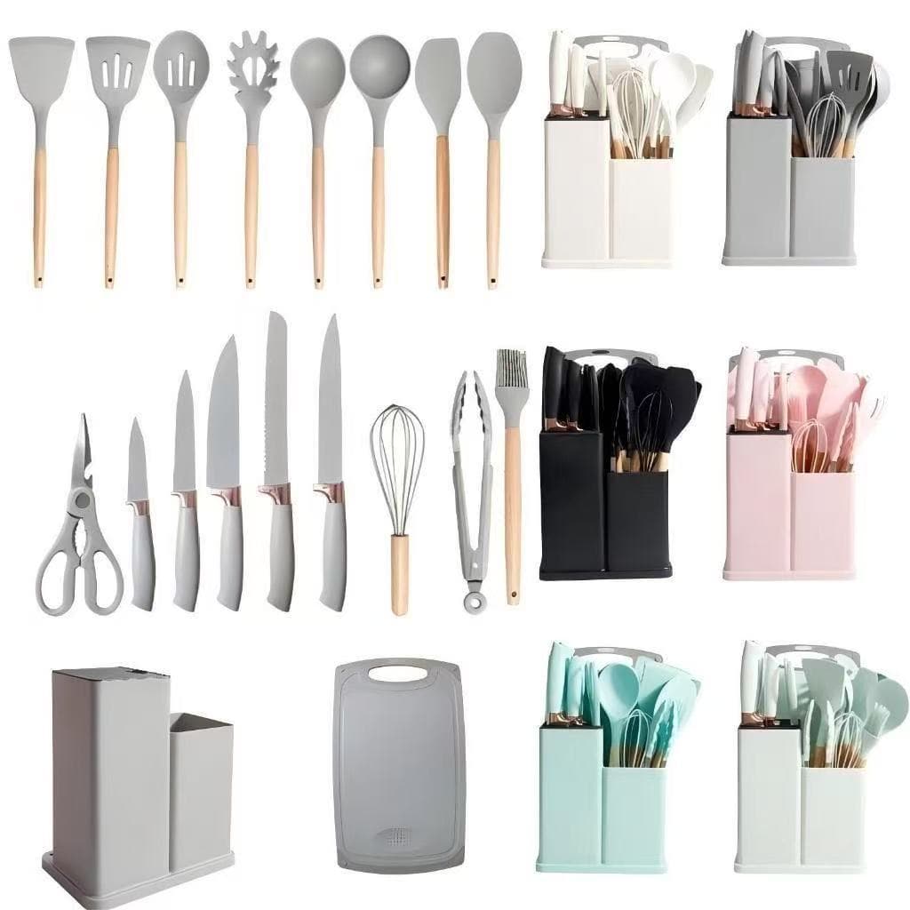 Kit Conjunto De Utensílios Facas Silicone e Plástico Cozinha Jogo Completo Batedeira  Pegador