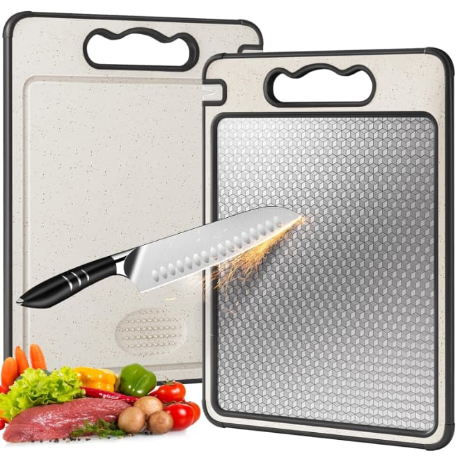 Tábua de Corte Cortar Carne Placa Dupla Face Higiênica em Aço Inox e PP com Afiador e Alça