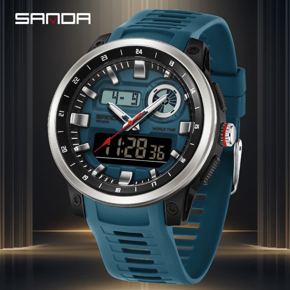 SANDA Novo 3389 Estudante Relógio Eletrônico Esportes Multifuncional À Prova D'água Dual Display LED Masculino-1