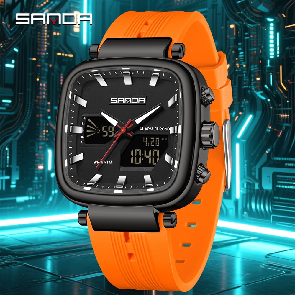 SANDA Novo 62282 Relógio Eletrônico Masculino De Luxo Monitor Duplo Esportes À Prova D'água Luz Noturna-2