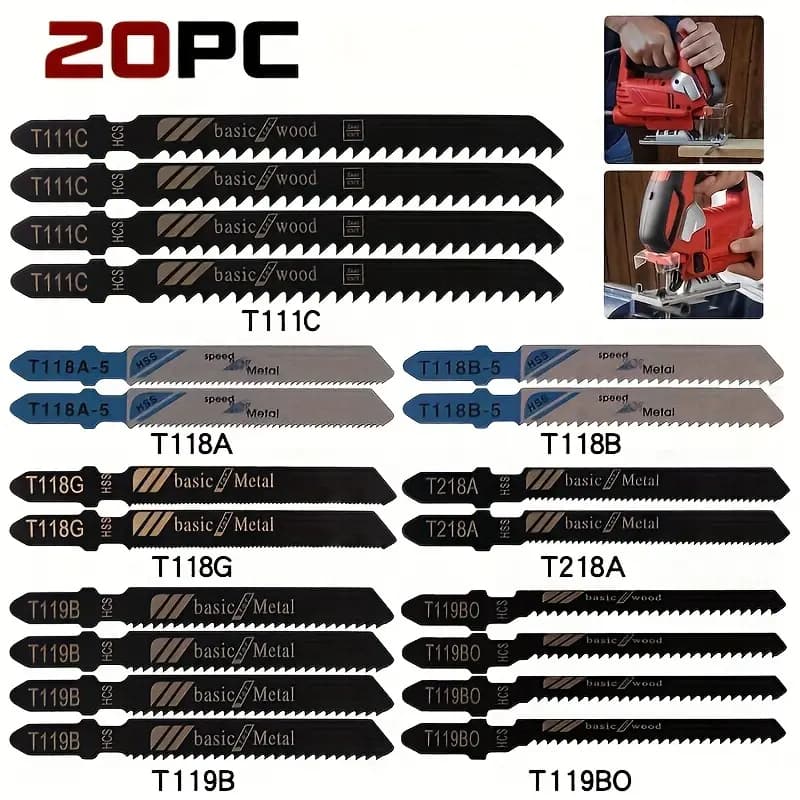 20 peças Conjunto universal de lâminas de serra tico-tico para madeira, plástico e metal