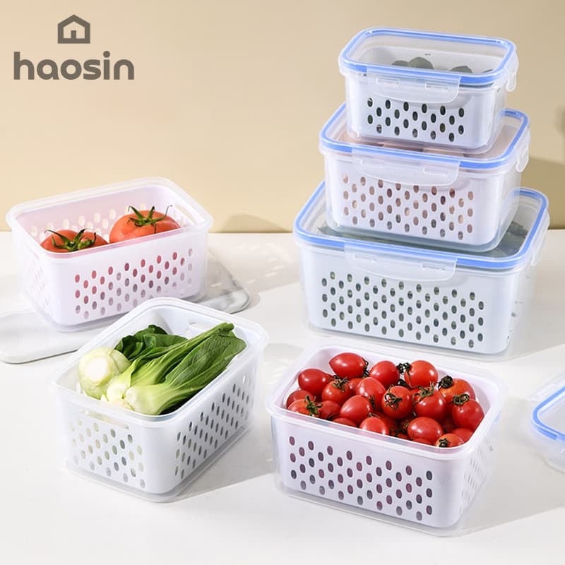 haosin Kit 3 Potes Organizadores para Geladeira com Escorredor, Tampa e Cesta - Alimentos Resistentes