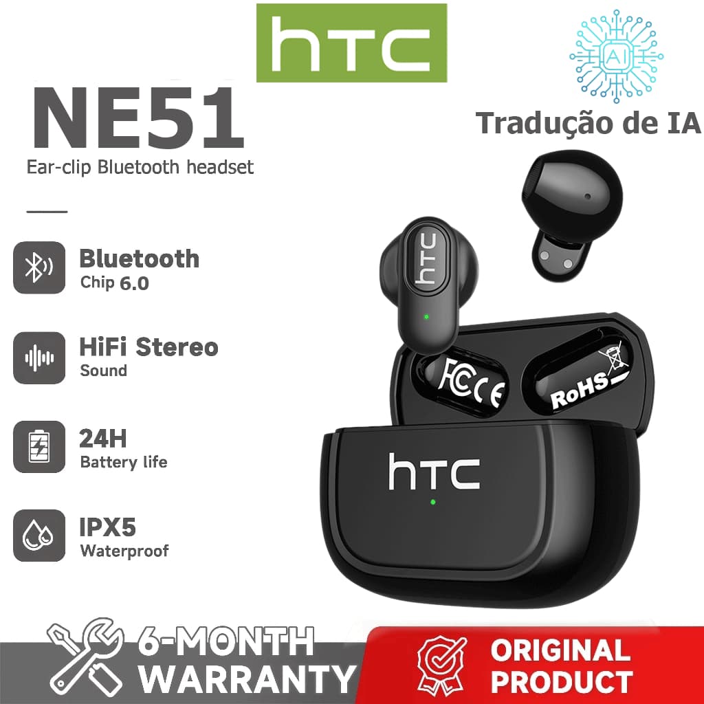 Garantia de um ano HTC NE51 AI Tradução Tradução em tempo Real TWS Fone de ouvido Bluetooth Bluetooth 6.0 HiFi Qualidade
