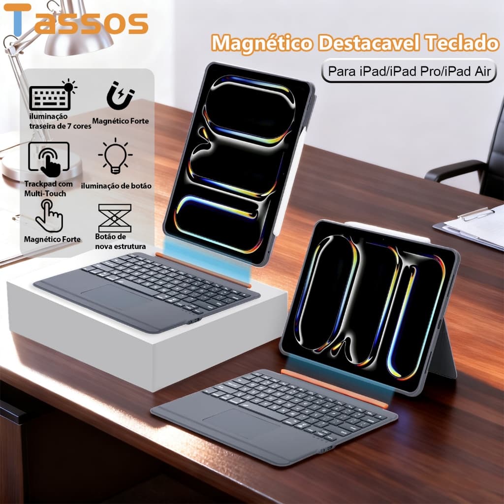 TASSOS Capa Para iPad De 11 Polegadas Com Teclado Removível , Luz De Fundo De 7 Cores,Ultraleve E Com Suporte