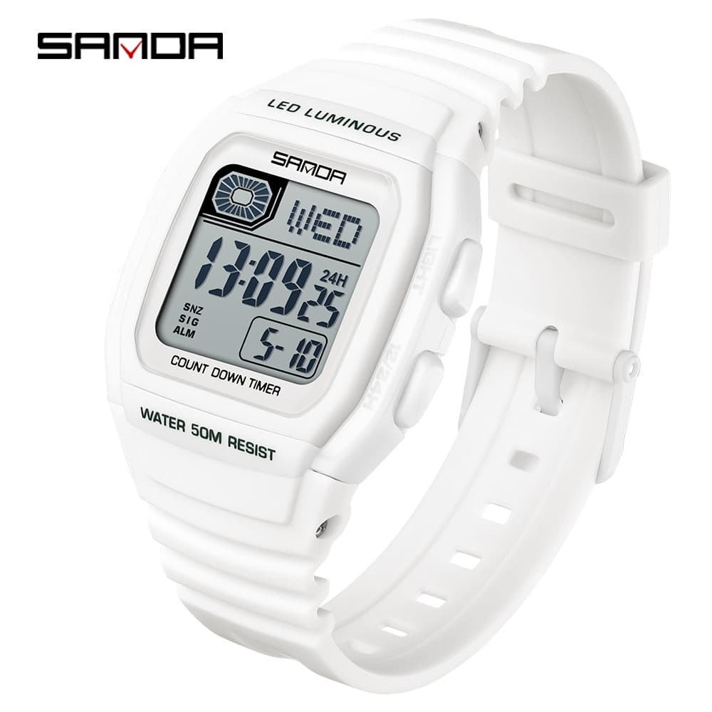 SANDA 2208 Esportes Moda Relógio Eletrônico Quadrado Multifuncional Calendário Contagem Regressiva Homens Mulheres Lumin