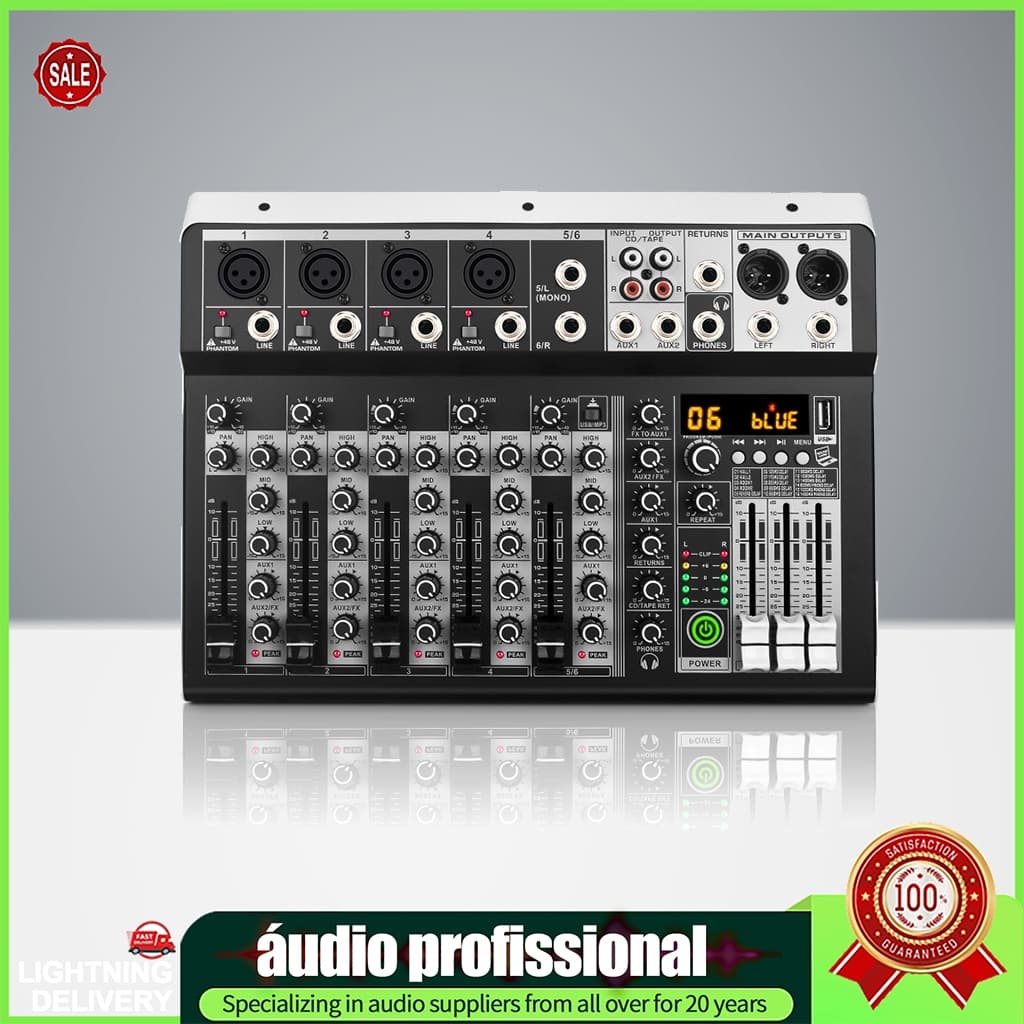 Mixer De Áudio De 6 Canais Com Bluetooth USB 99DSP Reverb Para Microfone Amplificador Alto-Falante Karaokê