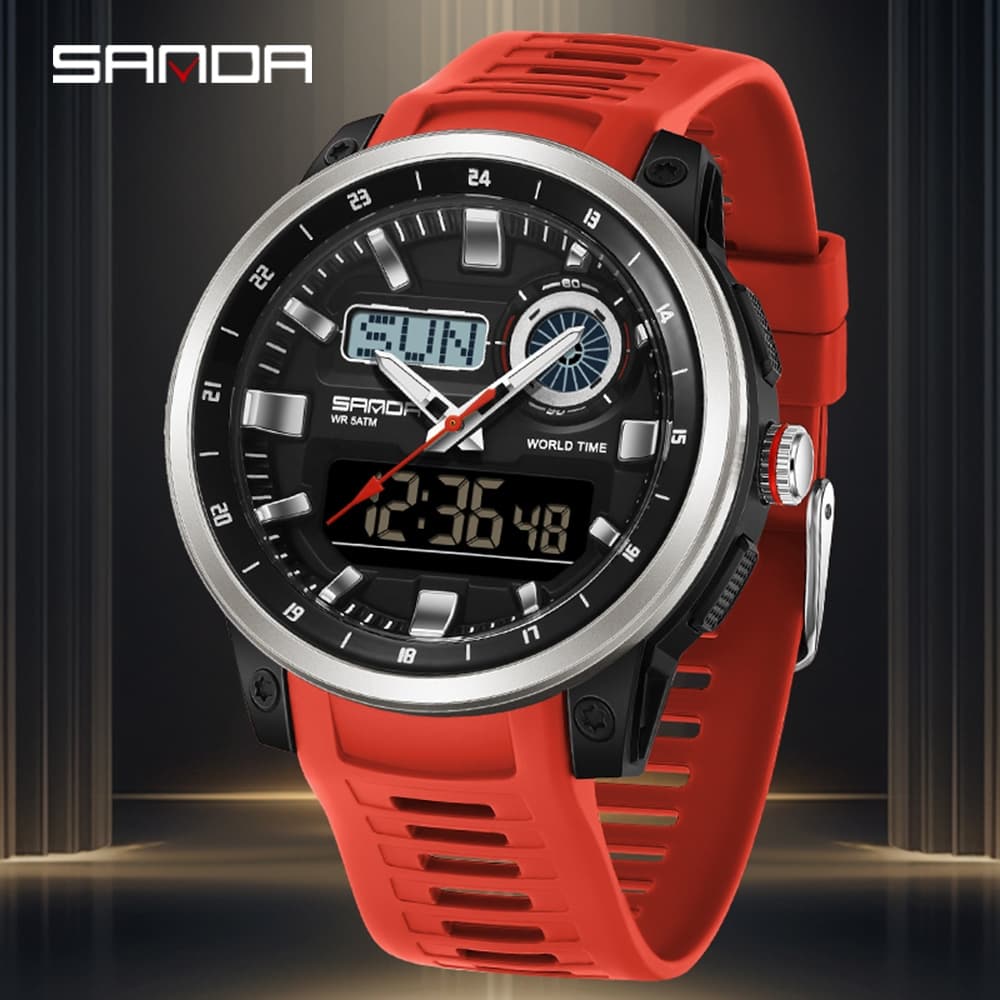 SANDA 3389 Relógio Esportivo Masculino De Quartzo Eletrônico Digital LED Com Display Duplo À Prova D'água Militar De Cho