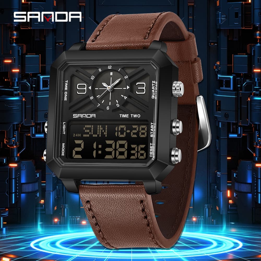 SANDA 6256 Relógio Masculino Com Display Duplo Eletrônico Quartzo Movimento Contagem Regressiva Três Tempo De Localizaçã