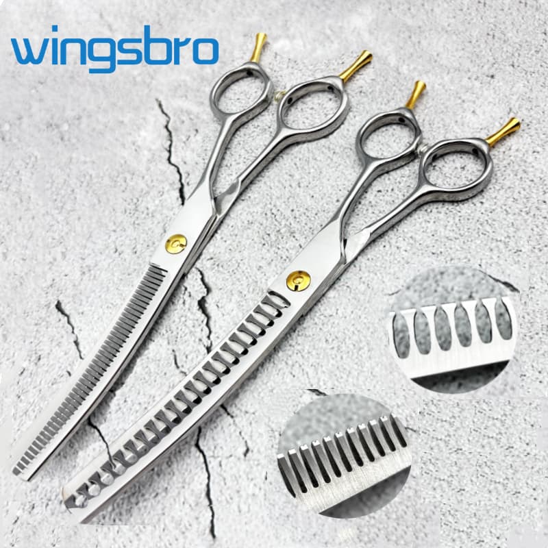Wingsbro 7.5 Polegada Cão Aliciamento Tesoura Curvada Cauda Do Afiar Personalizado Pet Desbaste Para Grooming Fornecimen