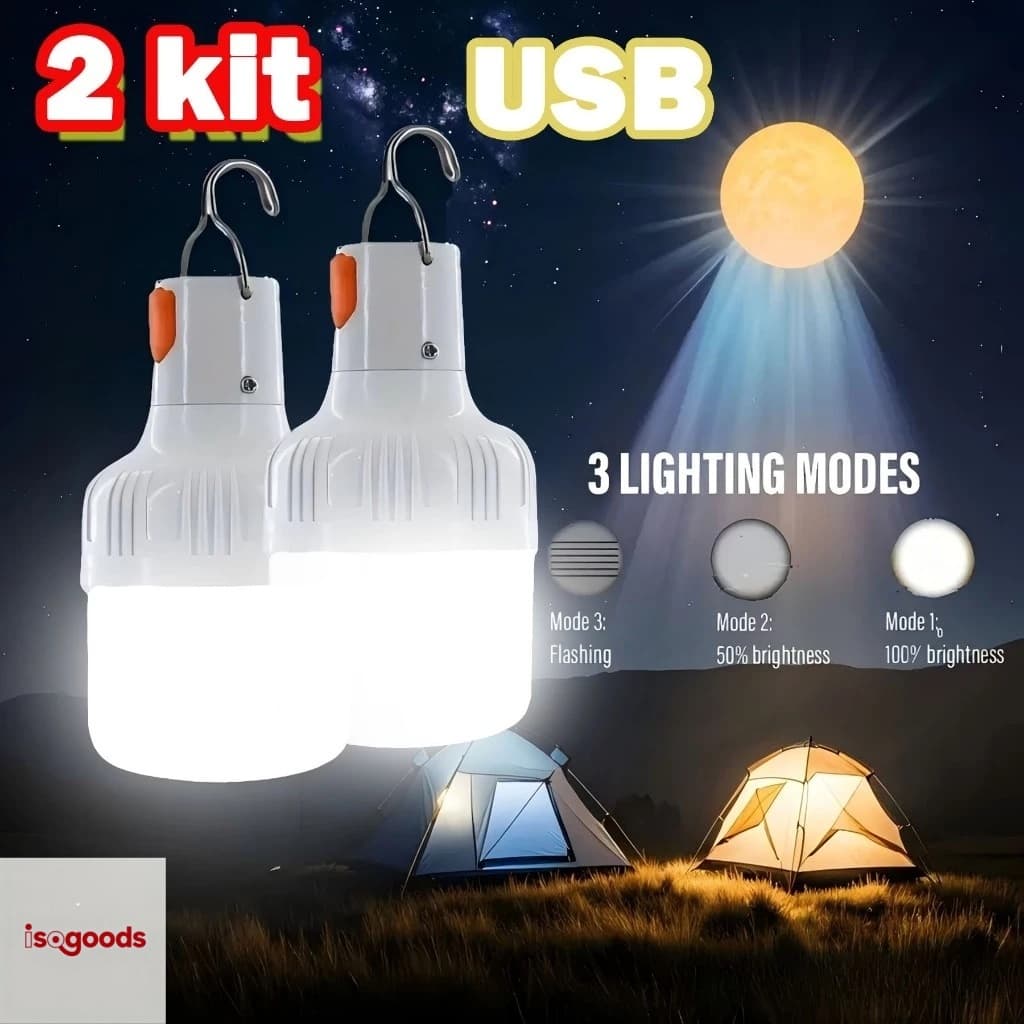 kit 2 Lâmpada Led Iluminação Para Acampamento Camping Pescaria Lampião Recarregável Barraca Lamparina Luz de Emergência