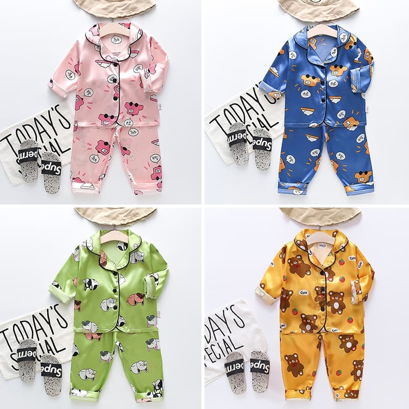2025 Novas Crianças Conjuntos De Pijamas Cetim De Seda Desenhos Animados Terno Meninos Roupas
