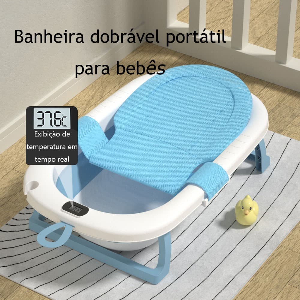 JOYA KID Banheira infantil Dobrável com Suporte e Termômetro Acompanha Almofada Ou Rede de Banho Bebê
