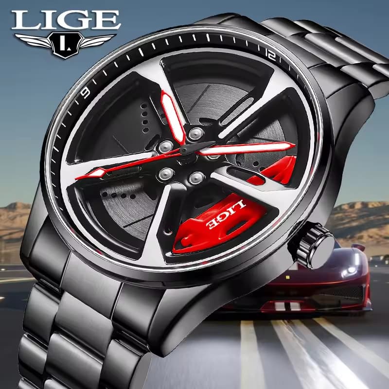 LIGE Novo Relógio Esportivo Para Roda De Carro , Mostrador Giratório Elegante , Pulseira De Aço Inoxidável , De Quartzo