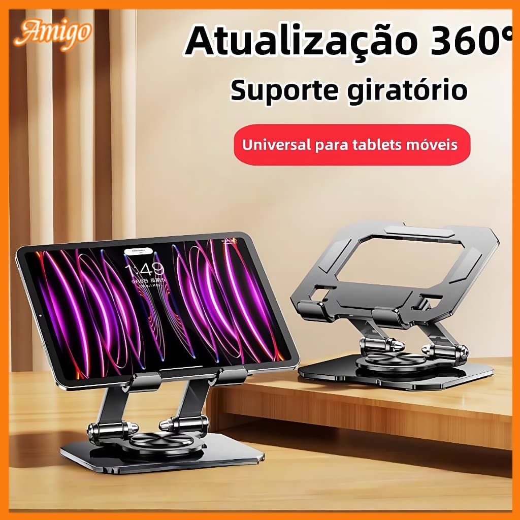 Suporte Alumínio de Mesa Base Rotatória Ajustável Dobrável 360º Para Tablets