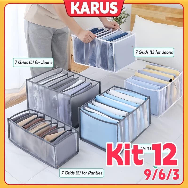 Kit 12/9/6/3 Caixas Organizadoras para Guarda-Roupa Respiráveis Dobráveis Roupas Íntimas Sutiãs e Camisetas