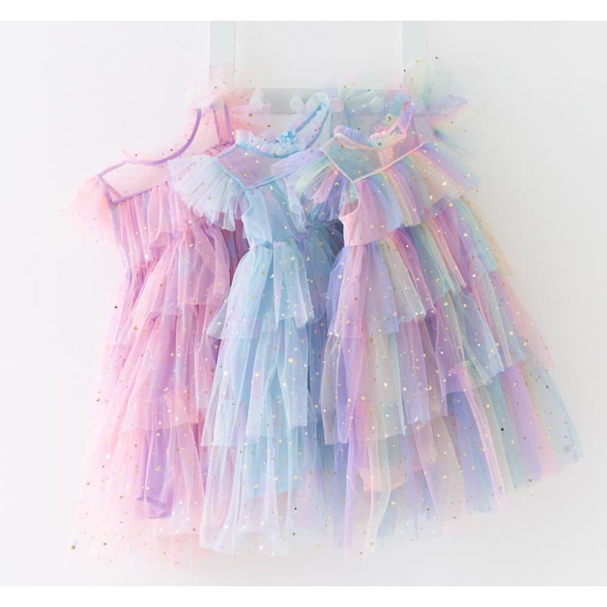 Meninas saia de fada arco-íris estrela lantejoulas bolo gaze vestido de princesa fofo