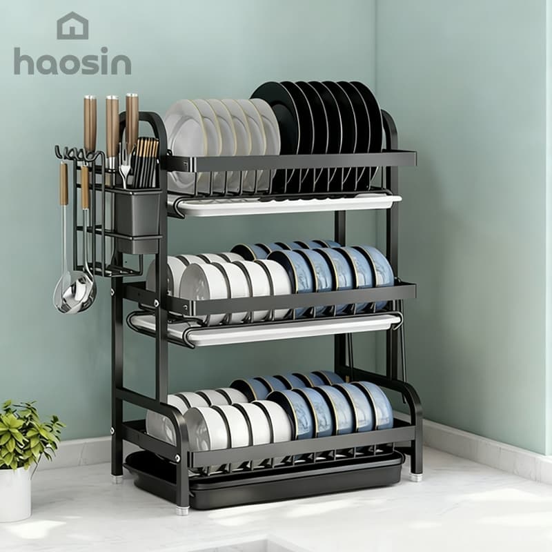 Escorredor De Pratos De Aço Inoxidável Preto Com Organizador De Armazenamento Perfeito De 3 Camadas