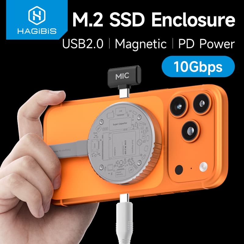 Gabinete SSD Hagibis Magnetic M . 2 2230 NVMe Com Magsafe Para iPhone 16/15 Pro ProRes USB C 3.2 Gen2 10 Gbps Adaptador
