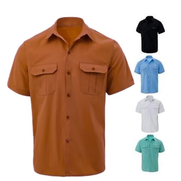 Camisa masculina de linho de algodão respirável, manga curta, bolso duplo, roupa de escritório