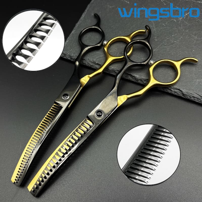 Wingsbro Tesoura para cuidar de cães de 7 polegadas, 2 peças Tesoura de desbaste curvada para cães, Tesoura de tubarão c