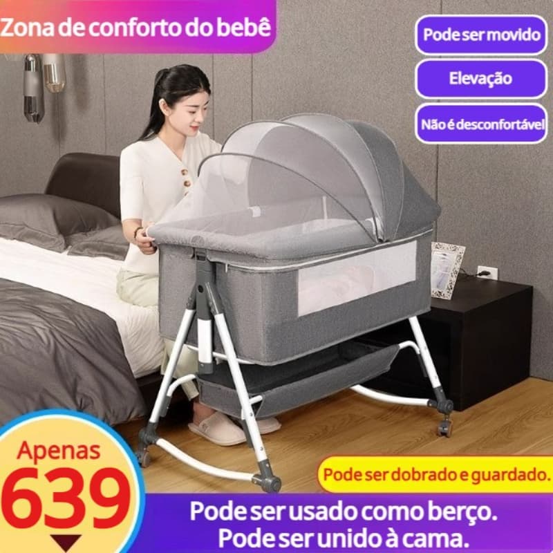 Berço ajustável com trava de segurança Portátil 3 em 1 dobrável