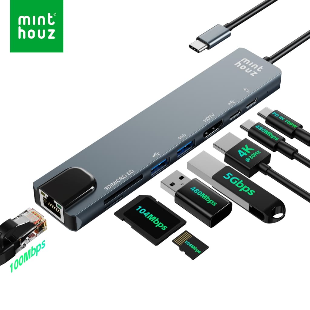 Minthouz 8-Em-1 HUB USB 4K HDMI Com 90W PD 5Gbps-A 104Mbps Leitor De Cartão SD Porta RJ-45 Para Macbook , Windows , iPad
