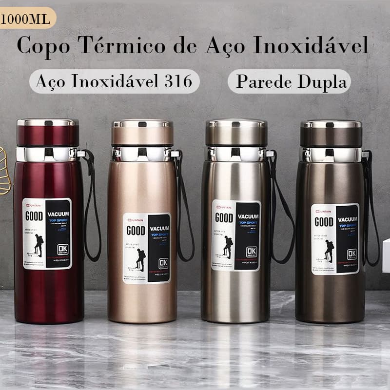 Garrafa Térmica A Vácuo 1000ml Parede Dupla Copo Inox Térmico com Filtro e Cordão Portátil