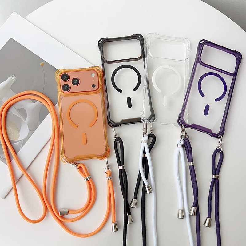 Capa De Telefone Com Alça Crossbody Para iPhone 17 11 12 13 14 15 16 Pro Max Air 14 Plus Armadura De Carregamento Magnét