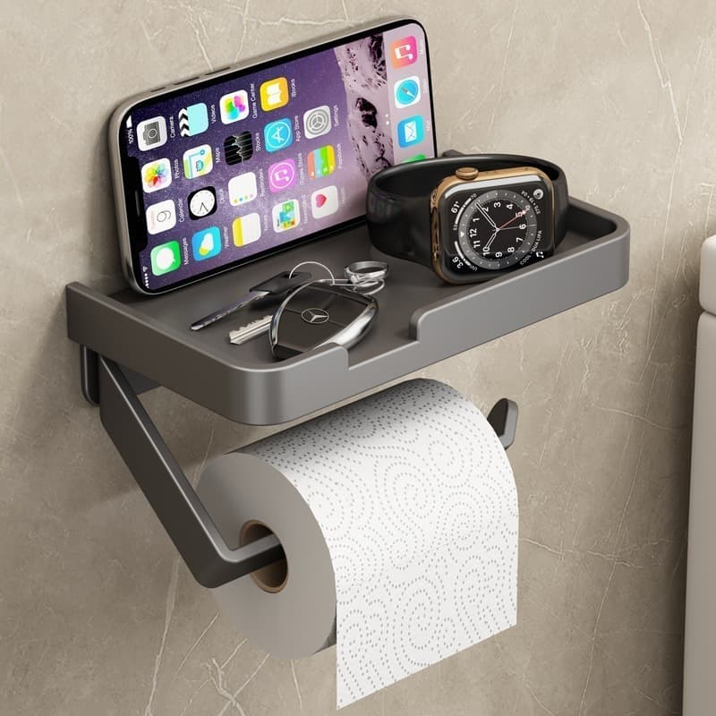 Suporte para papel higiênico preto e suporte para telefone, com aderência