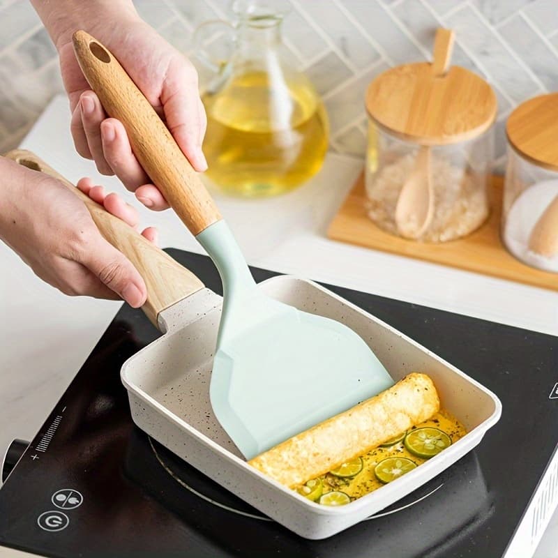 Espátula Larga De Silicone , Tamagoyaki Japonesa Com Cabo De Madeira , Virador De Cozinha Antiaderente , Utensílios , Ac