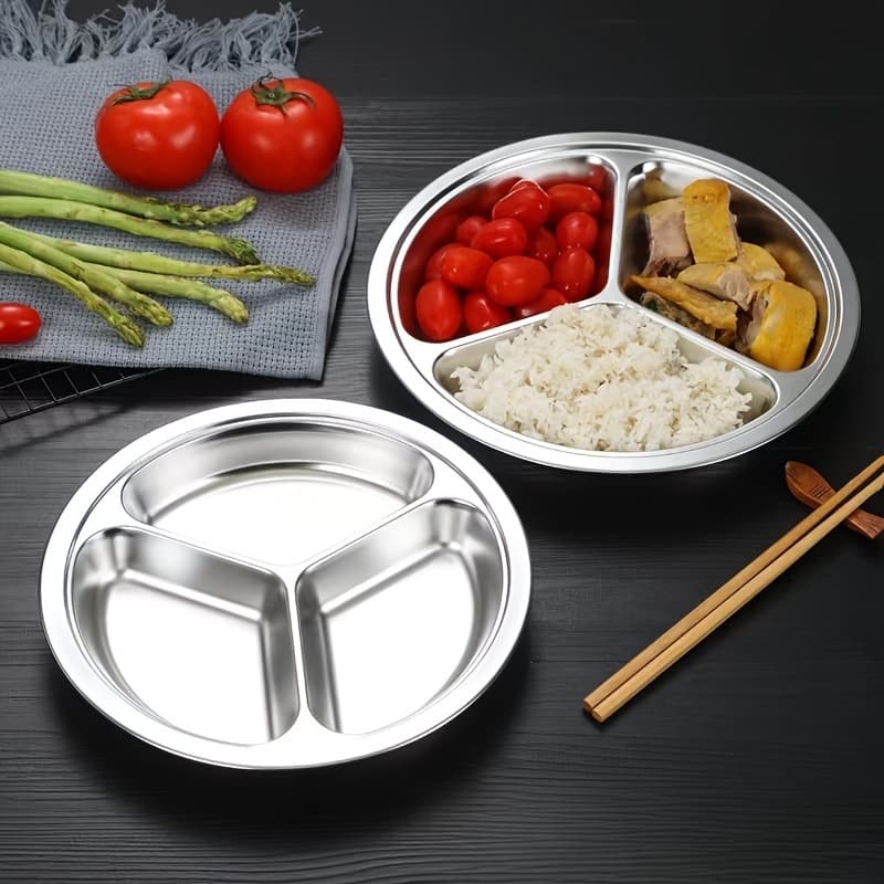 Prato de jantar com três compartimentos, prato dividido de aço inoxidável, prato de lanche de jantar, com 3 compartiment