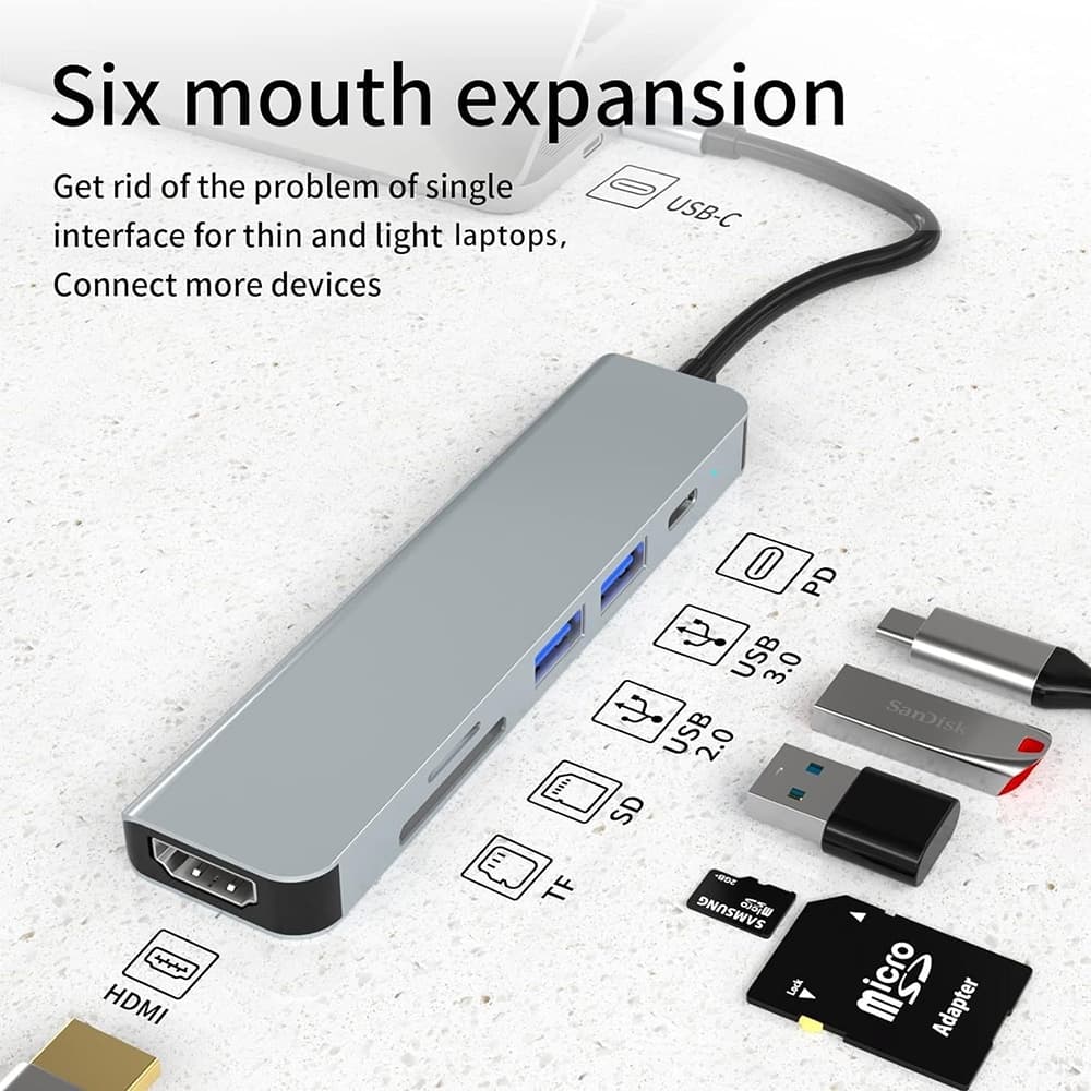 Leitor De Cartão Dongle 6 Em 1 USBC Para HDMI Hub , Adaptador Multiportas USB-C 100W PD Adequado Laptops E MacBook Pro