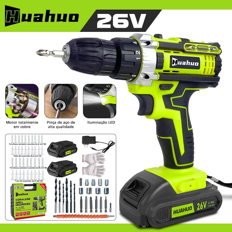110V/220V Parafusadeira e Furadeira de 2 Baterias 26V e Acessórios Completo