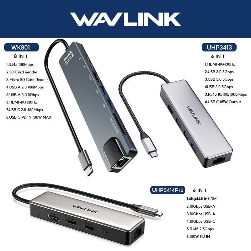 HUB WAVLINK USB C Com 2x10 Gbps USB3.1-A , 10 , 4K HDMI , 100 W PD IN , 2.5 G RJ45 Para MacBook Pro/Air Windows