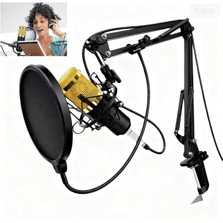 Kit Microfone Profissional Completo Bm800 Dourado com Pop Filter Aranha Braço Articulado