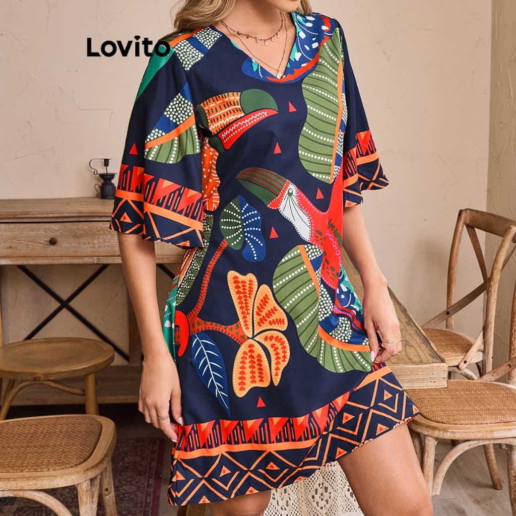 Lovito Vestido Casual Tropical Com Amarração Nas Costas Verão/Primavera Vestido Com Cinto Boho Para Mulheres LBL17238