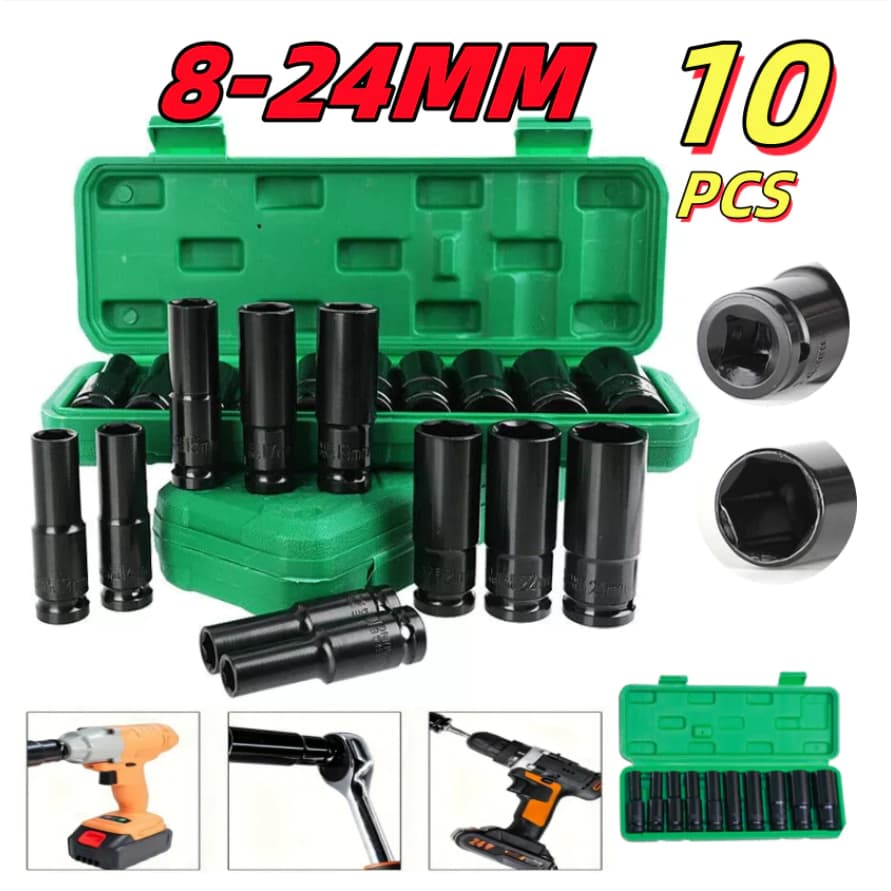 Jogo de Soquetes de Impacto Longo 1/2 10 Peças 8 A 24mm