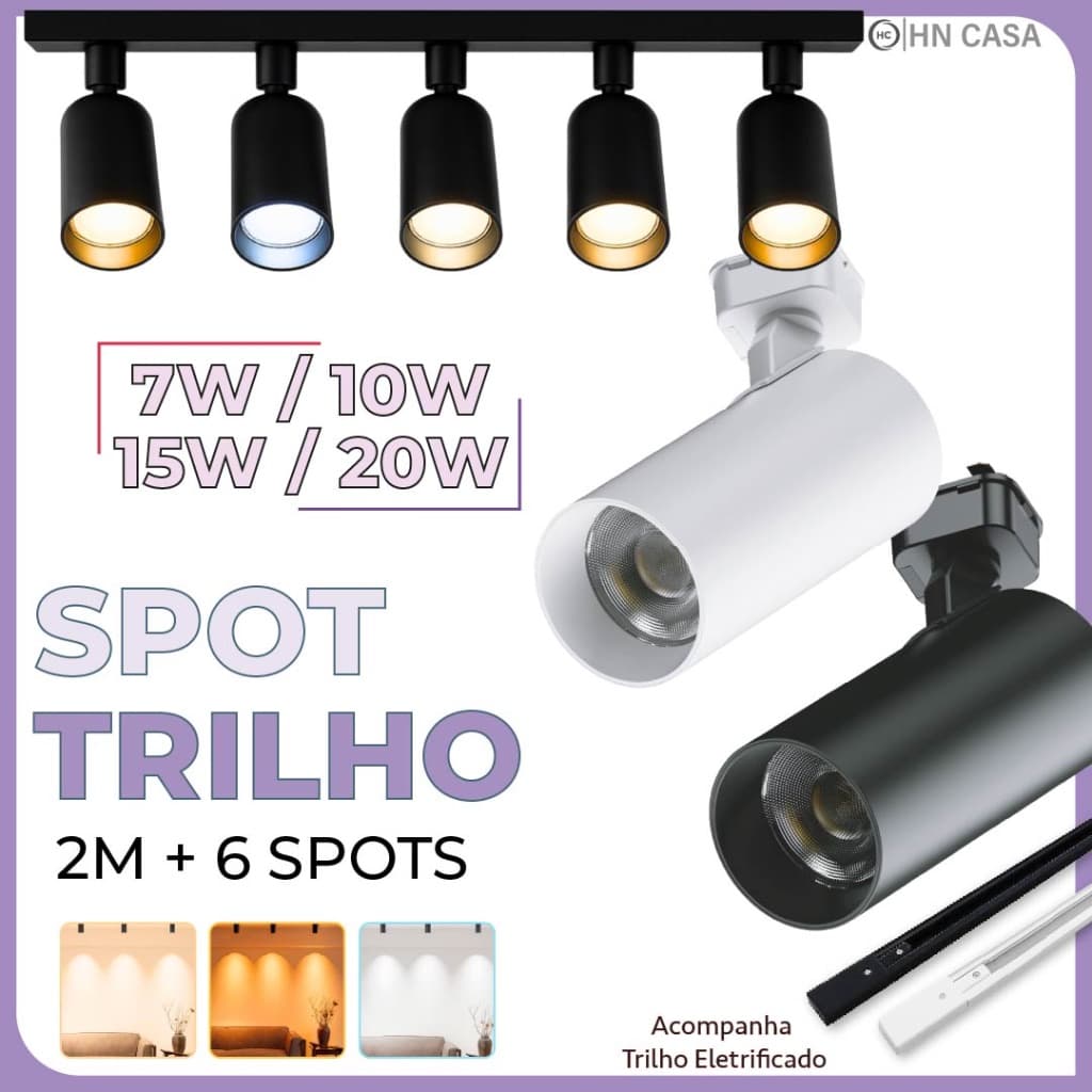 2M Trilho + 6 Spot LED 20W 15W 10W 7W Eletrificado + Trilho + Conector Preto e Branco Luz Fria, Neutra e Quente Bivolt
