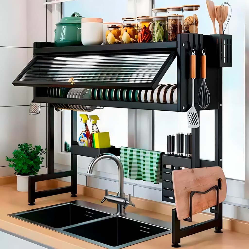 Escorredor Suspenso SEM FURAÇÃO 65cm - Antiferrugem com Prateleira Dupla e Porta-Talheres Modular