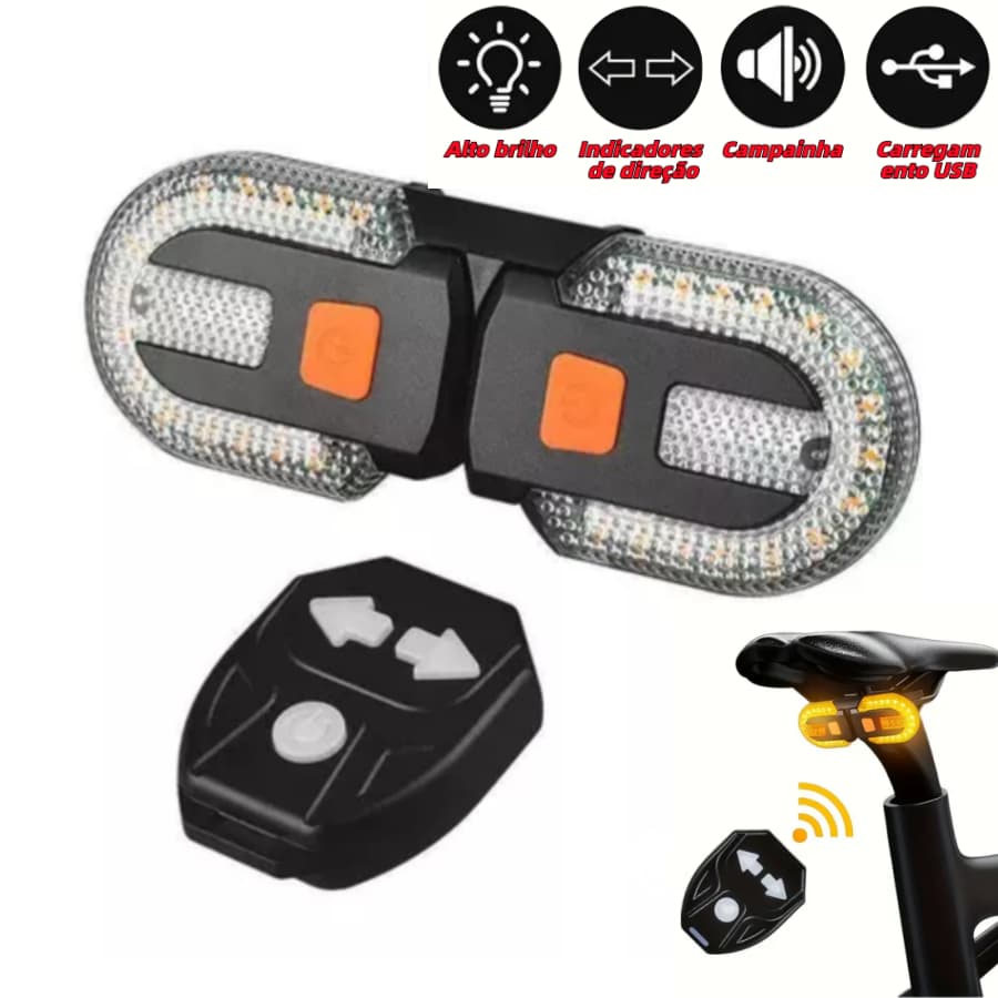 Lanterna Traseira Bike Eletrica com Seta Recarregável e Controle Sem fio USB 38 Leds