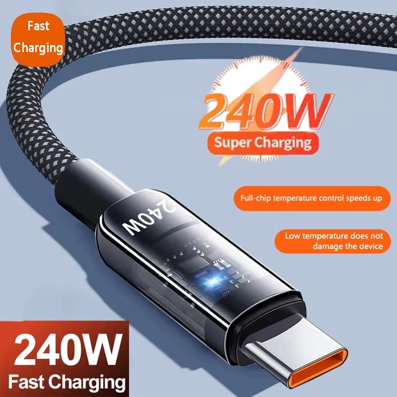 Cabo De Carregamento Rápido 240W USB Para Interface Tipo C Nylon Trançado Transparente 480Mbps Fio De Carregador De Alta