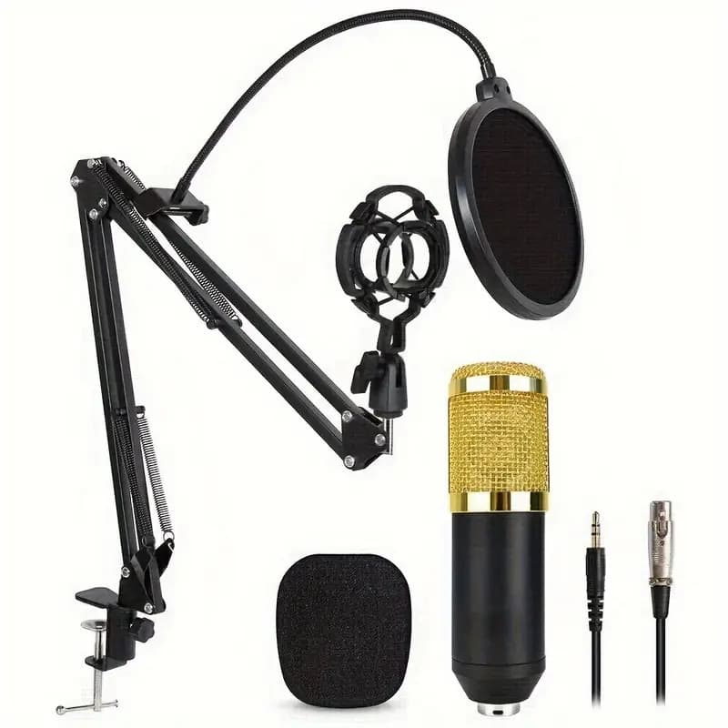 Kit Microfone Profissional Completo Bm800 Dourado com Pop Filter Aranha Braço Articulado