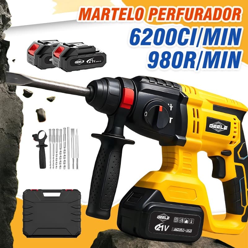 Furadeira Martelete Rotativo Rompedor Furadeira Industrial 2 Baterias 21V 800W GEELE