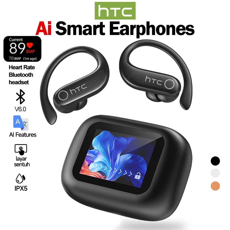 HTC NE61 AI Fone de ouvido sem fio Bluetooth V6.0 TWS Touch Screen Headset pode medir a frequência cardíaca pode traduzi