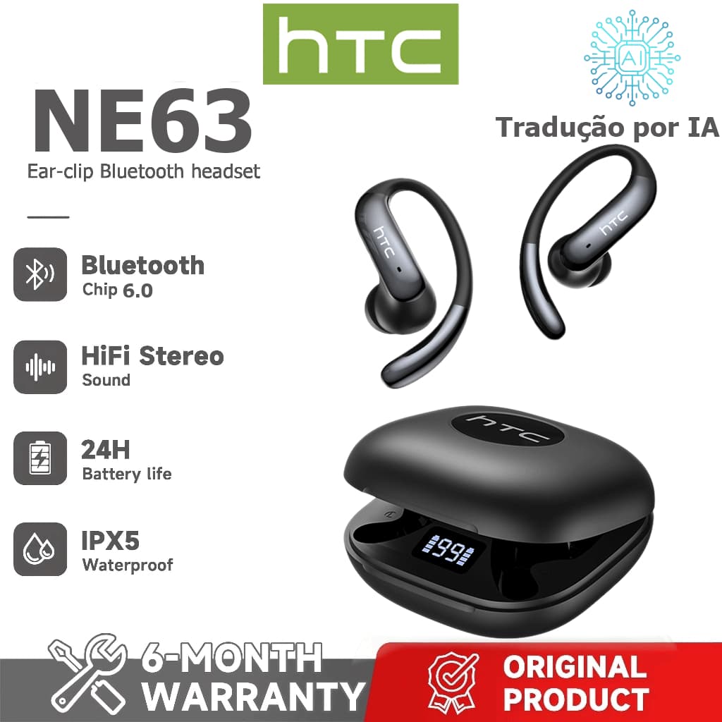 1 ano de HTC NE63 AI Tradução Headset Tradução em tempo Real TWS Fone de ouvido Bluetooth Bluetooth 6.0 HiFi Qu