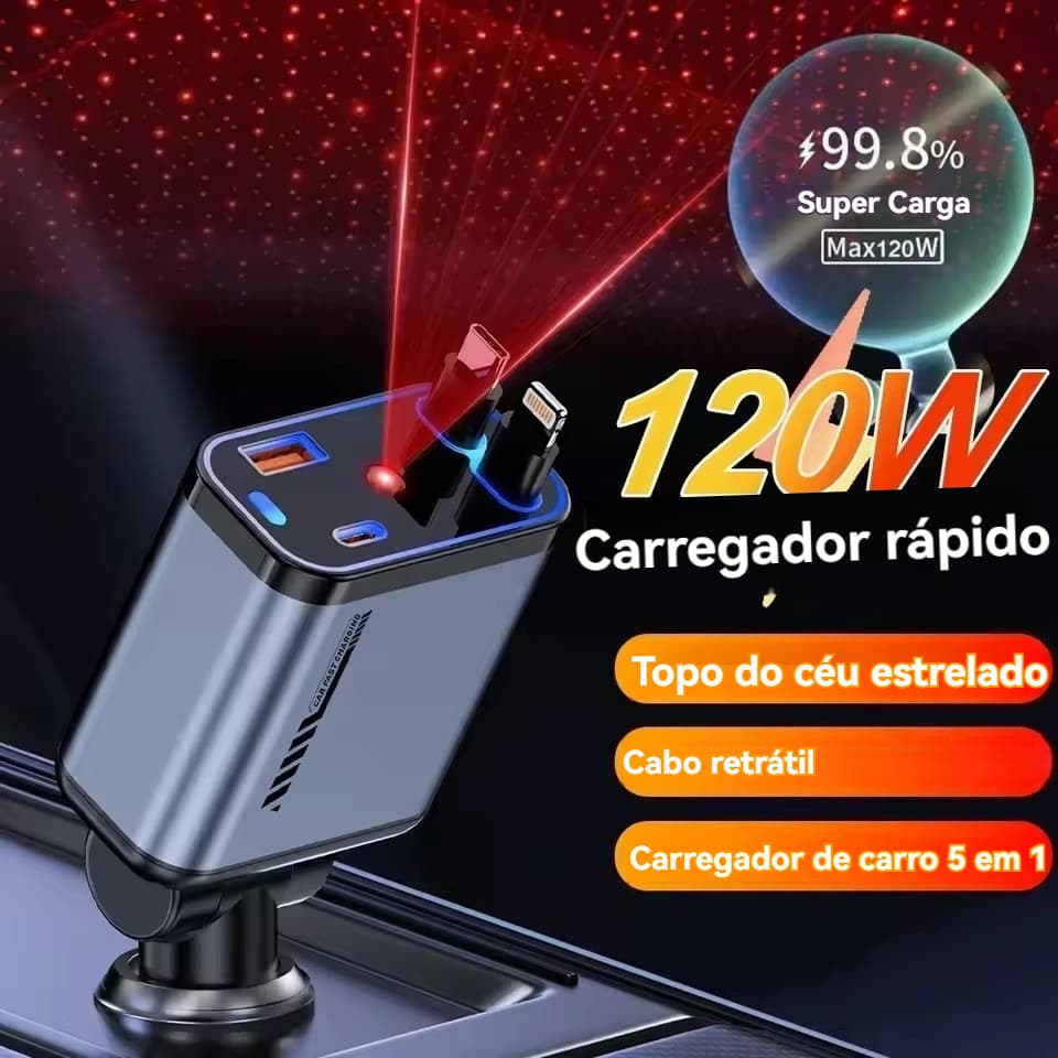Carregador De Carro Retrátil Com Luz Superior Em Formato De Estrela, 120 W, Tipo C E 4 Em 1