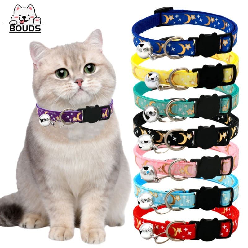 Coleira Gato com Fechamento de Segurança, Sino e Estampa Lua e Estrela, Ajustável para Gatinhos e Cachorros Pequenos